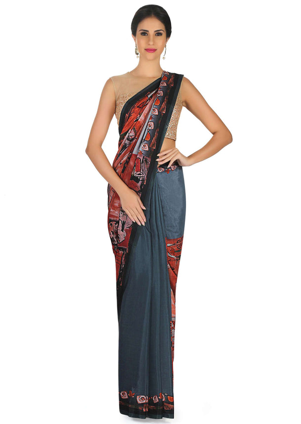 Grey and rust saree in cotton silk with face and bird print only on Kalki