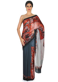 Grey and rust saree in cotton silk with face and bird print only on Kalki