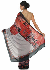 Grey and rust saree in cotton silk with face and bird print only on Kalki