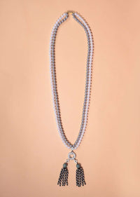Grey And White Pearls Necklace With White And Green Stone Studded Pendant And Bead Tassels Online - Kalki Fashion
