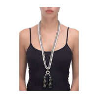 Grey And White Pearls Necklace With White And Green Stone Studded Pendant And Bead Tassels Online - Kalki Fashion