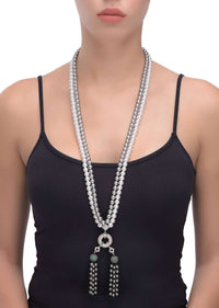 Grey And White Pearls Necklace With White And Green Stone Studded Pendant And Bead Tassels Online - Kalki Fashion
