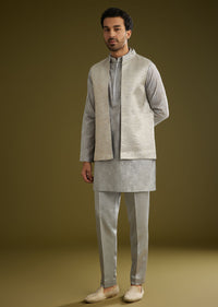 Grey Banarsi Silk Kurta Jacket Set With Hand Work