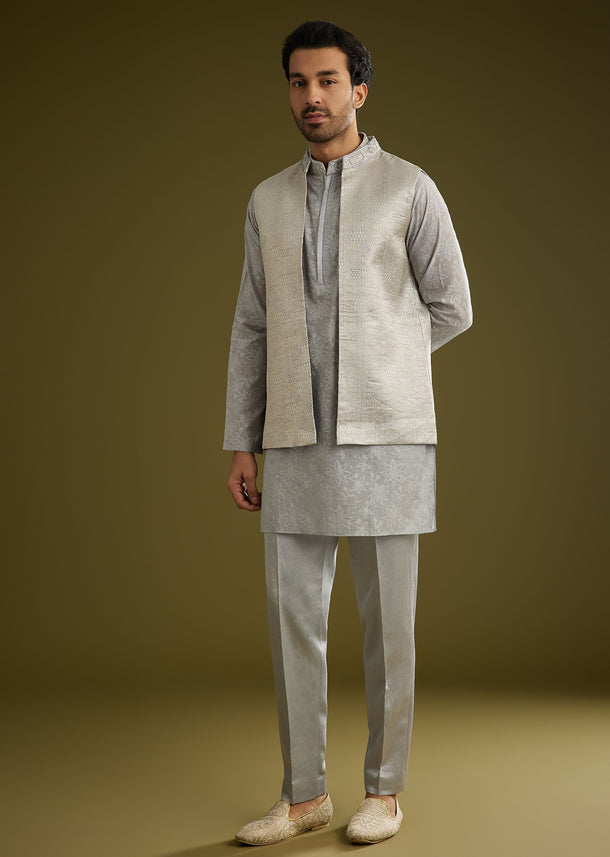 Grey Banarsi Silk Kurta Jacket Set With Hand Work