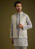 Grey Banarsi Silk Kurta Jacket Set With Hand Work
