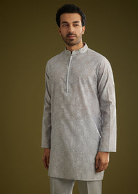 Grey Banarsi Silk Kurta Jacket Set With Hand Work