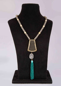 Grey beaded necklace with fancy cut out pendant adorn in stone only on Kalki