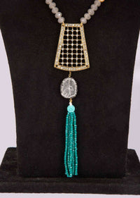 Grey beaded necklace with fancy cut out pendant adorn in stone only on Kalki