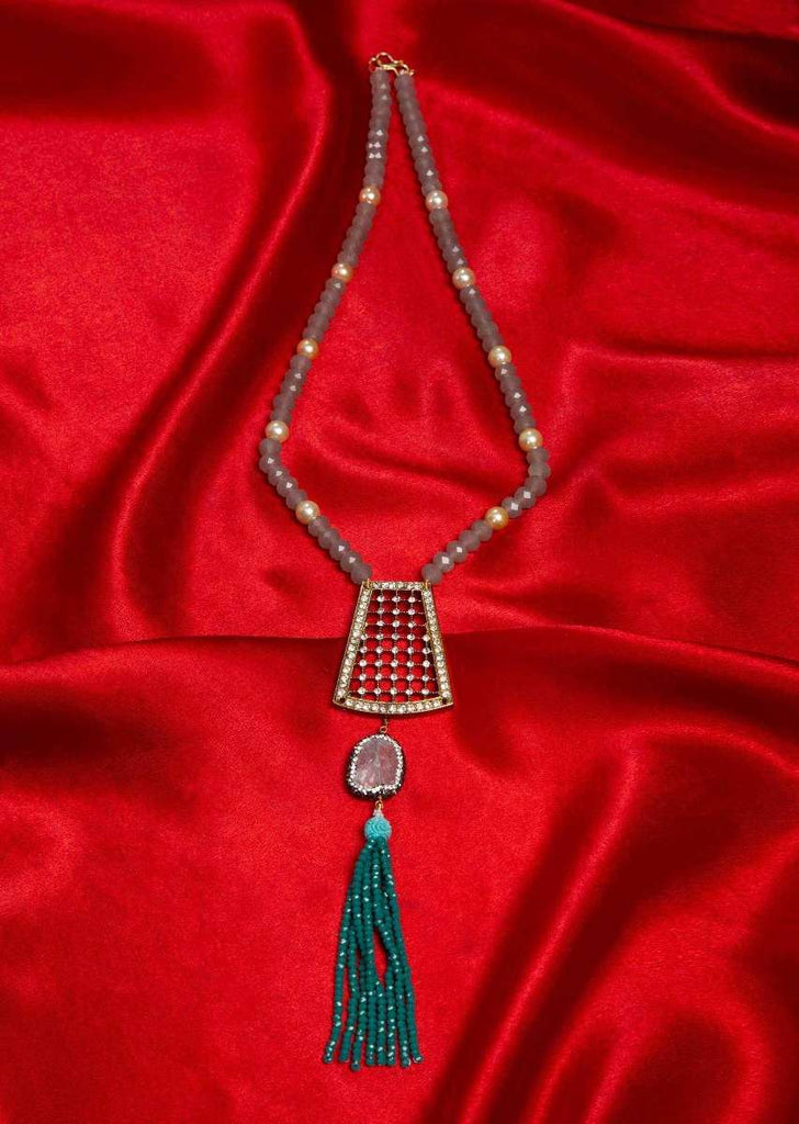 Grey beaded necklace with fancy cut out pendant adorn in stone only on Kalki