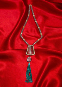 Grey beaded necklace with fancy cut out pendant adorn in stone only on Kalki