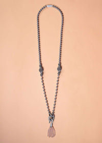 Grey Beads Long Necklace With Stone Studded Pendant And Peach Beads Tassel Online - Kalki Fashion