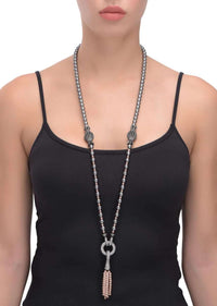 Grey Beads Long Necklace With Stone Studded Pendant And Peach Beads Tassel Online - Kalki Fashion