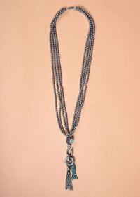 Grey Beads Multi Strand Necklace With Turq, Black And White Stone Studded Bead With Cut Dana Tassels Online - Kalki Fashion