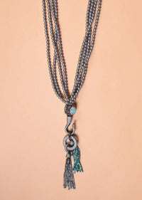 Grey Beads Multi Strand Necklace With Turq, Black And White Stone Studded Bead With Cut Dana Tassels Online - Kalki Fashion