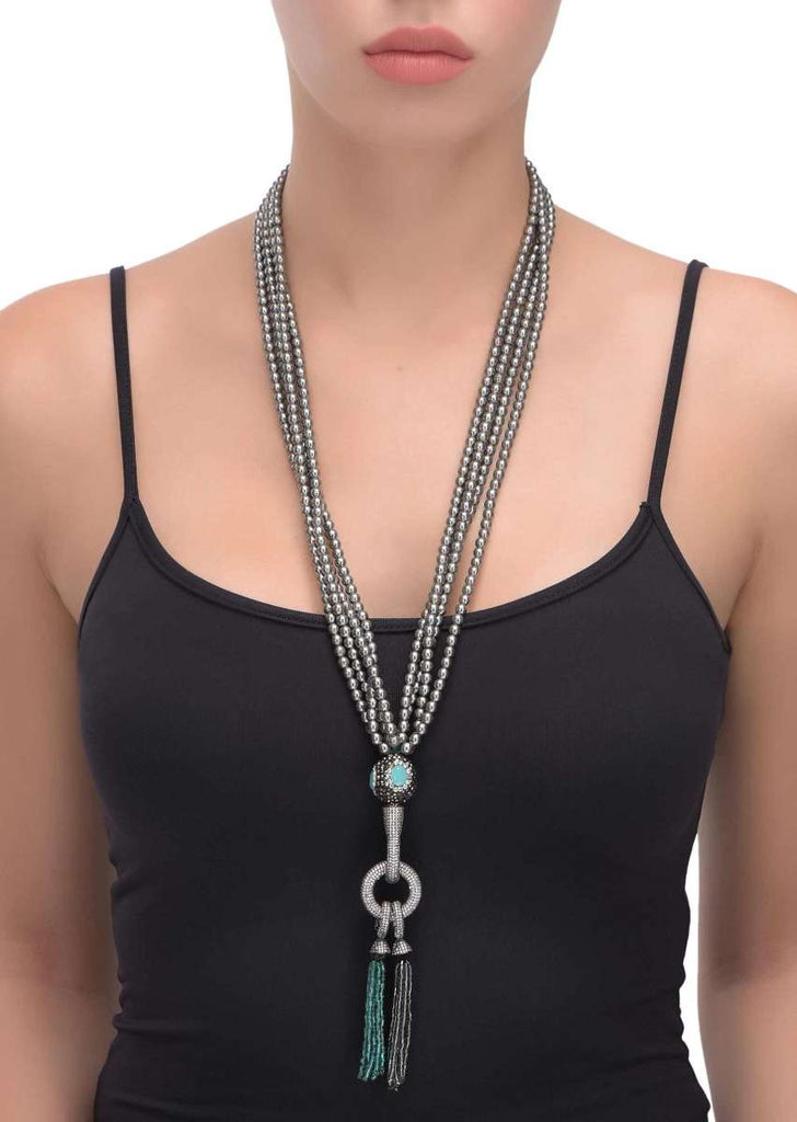 Grey Beads Multi Strand Necklace With Turq, Black And White Stone Studded Bead With Cut Dana Tassels Online - Kalki Fashion