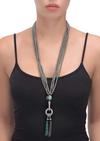 Grey Beads Multi Strand Necklace With Turq, Black And White Stone Studded Bead With Cut Dana Tassels Online - Kalki Fashion