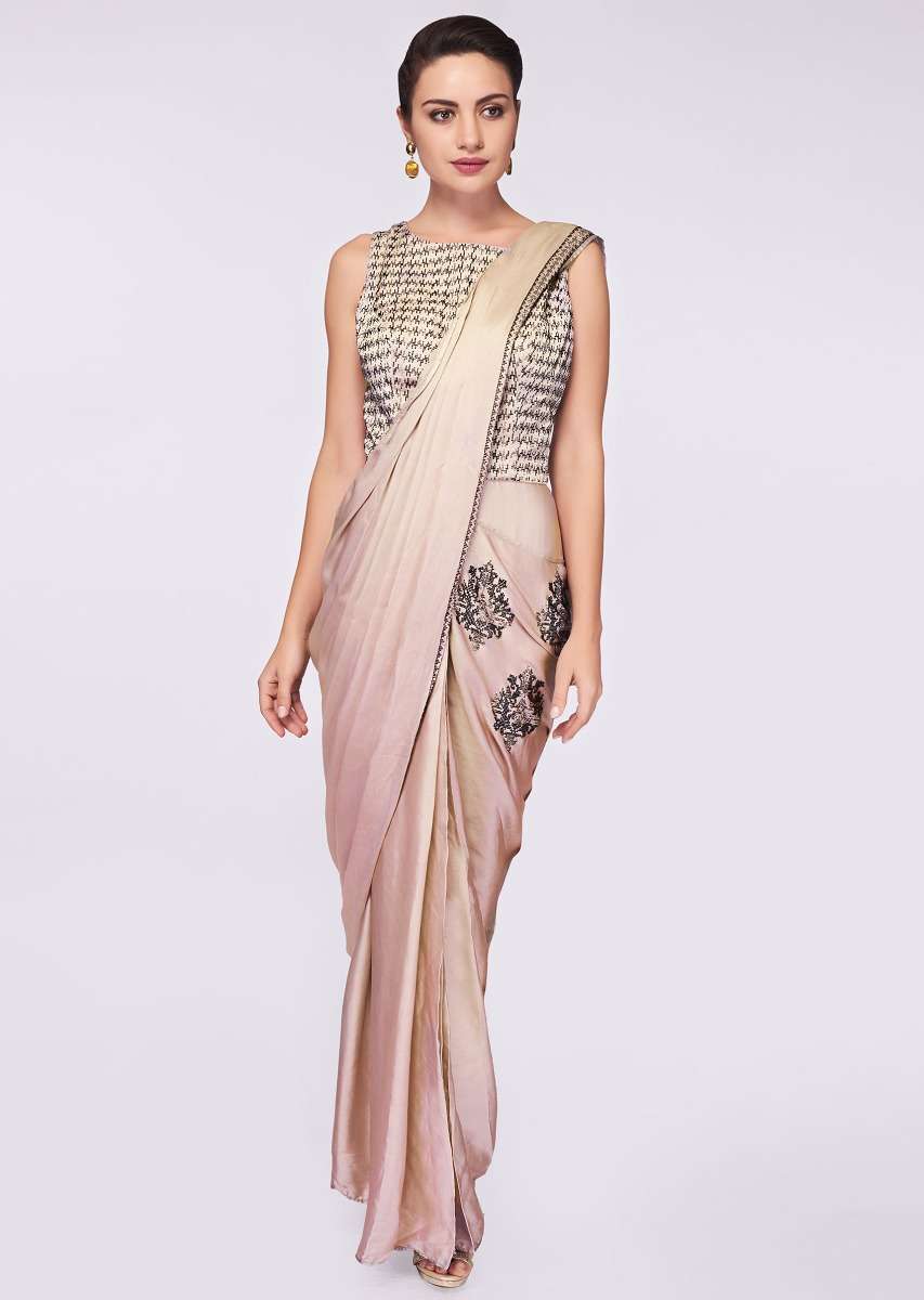 Grey beige satin saree gown with heavy kundan embroidered bodice 