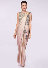 Grey Beige Saree Gown In Satin With Heavy Kundan Embroidered Bodice Online - Kalki Fashion