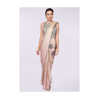 Grey Beige Saree Gown In Satin With Heavy Kundan Embroidered Bodice Online - Kalki Fashion