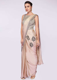 Grey beige satin saree gown with heavy kundan embroidered bodice 