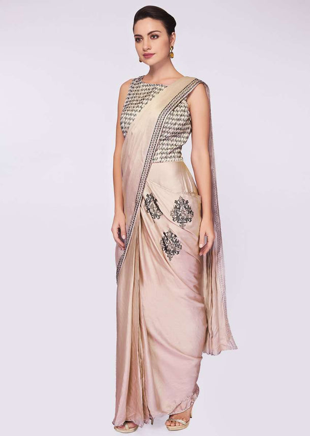 Grey beige satin saree gown with heavy kundan embroidered bodice