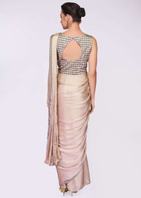 Grey beige satin saree gown with heavy kundan embroidered bodice 