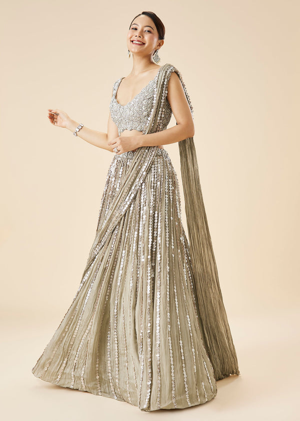 Grey Embroidered Fusion Lehenga Set