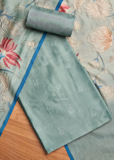 Grey Chanderi Printed Unstitched Suit Set