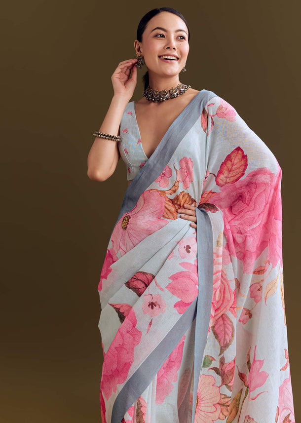 Grey Cotton Linen Saree With Floral Print