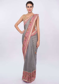 Grey cotton silk saree with brocade border and pallo only on Kalki