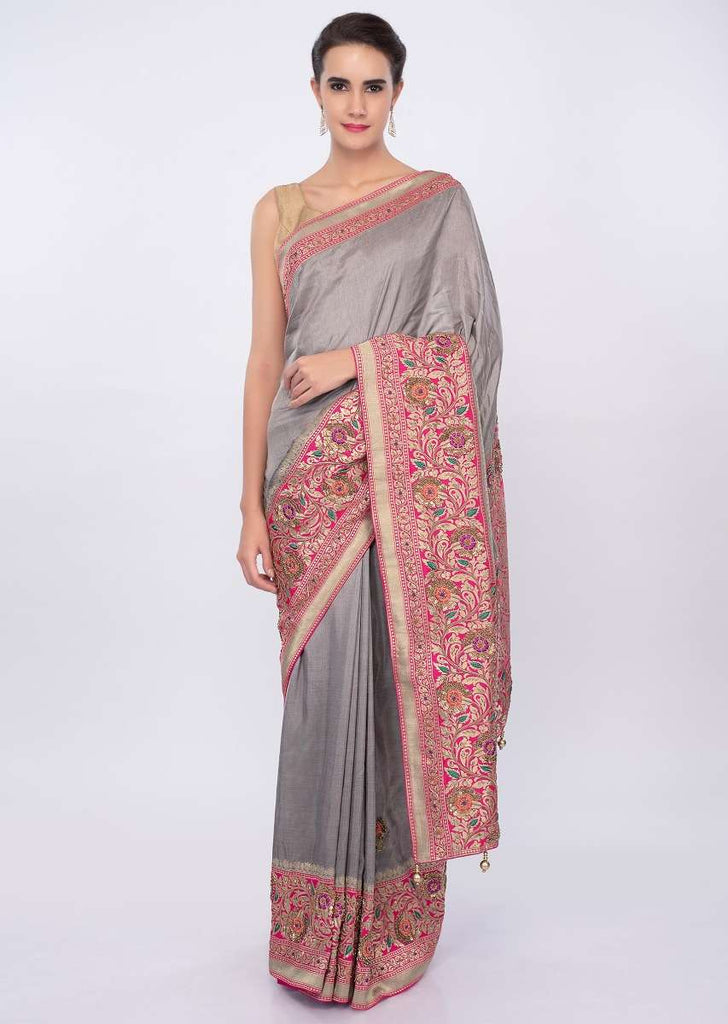 Grey cotton silk saree with brocade border and pallo only on Kalki