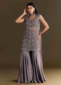 Grey Crepe Kurta Sharara With Net Choker Dupatta