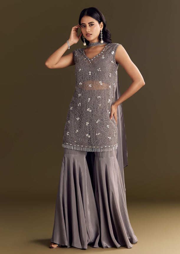 Grey Crepe Kurta Sharara With Net Choker Dupatta