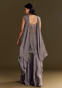 Grey Crepe Kurta Sharara With Net Choker Dupatta