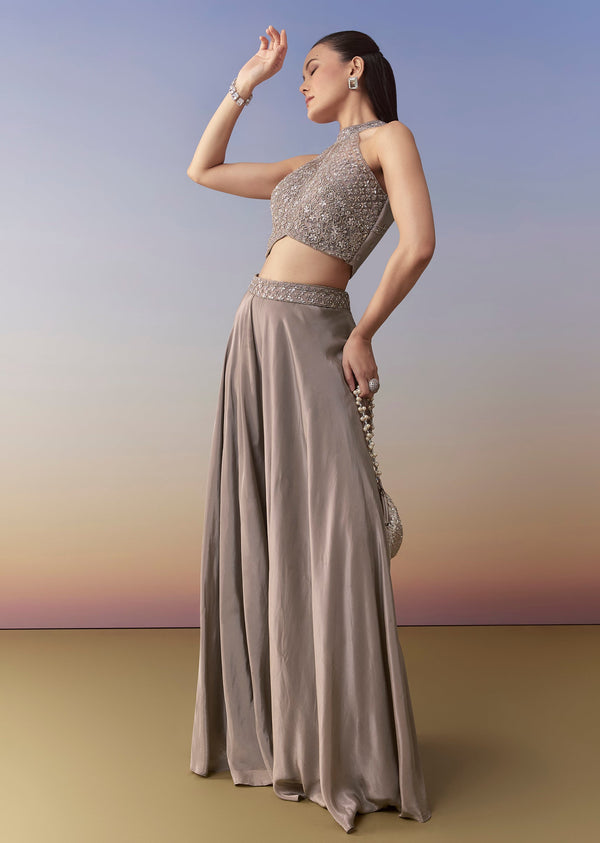 Grey Crepe Sequin Embellished Crop Top Palazzo Set