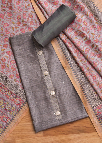 Grey Dola Silk Unstitched Suit Set