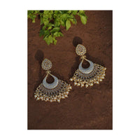 Grey Ethnic Earrings With Carved Floral Design Along With Crystals And Dangling Pearls Online - Kalki Fashion