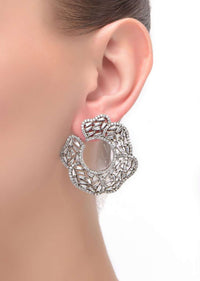 Grey Fancy Floral Studs Embellished With Bugle Beads And Stones Online - Kalki Fashion