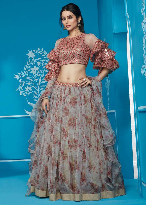 Grey Lehenga With Floral Print And Embroidered Blouse And Frill Dupatta Online - Kalki Fashion