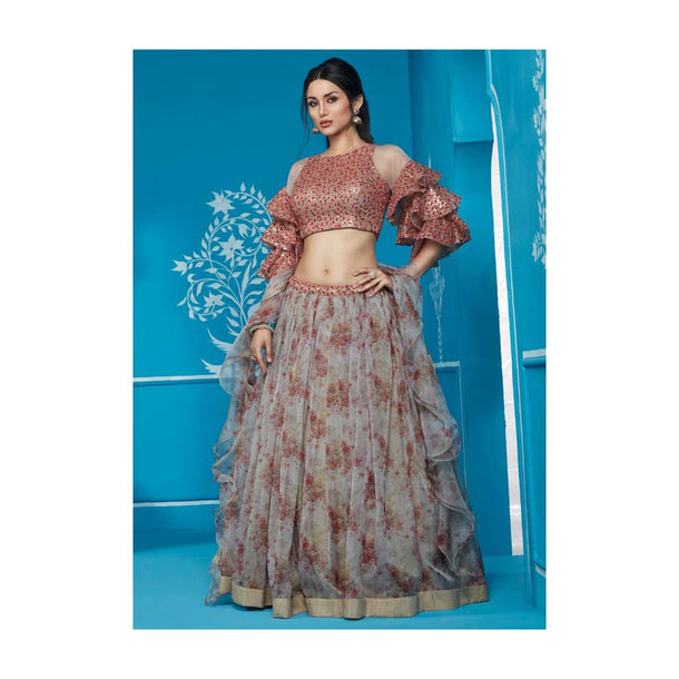 Grey Lehenga With Floral Print And Embroidered Blouse And Frill Dupatta Online - Kalki Fashion