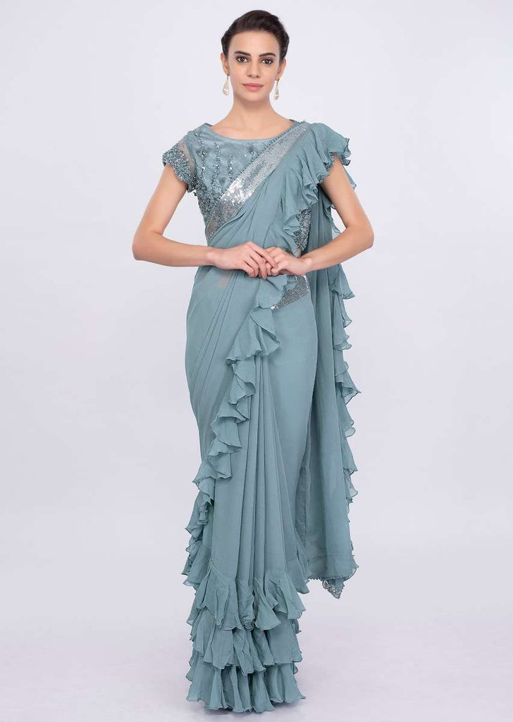 Grey Saree In Georgette With Frill Pallu And Hem Online - Kalki Fashion