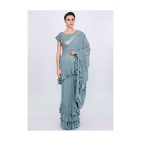 Grey Saree In Georgette With Frill Pallu And Hem Online - Kalki Fashion