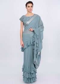 Grey Saree In Georgette With Frill Pallu And Hem Online - Kalki Fashion