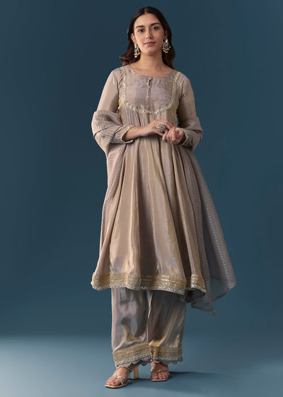 Grey Gotta Lace Tissue Anarkali Suit Set With Pant And Dupatta