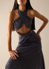 Grey Halter Neck Gown with Draped Detail