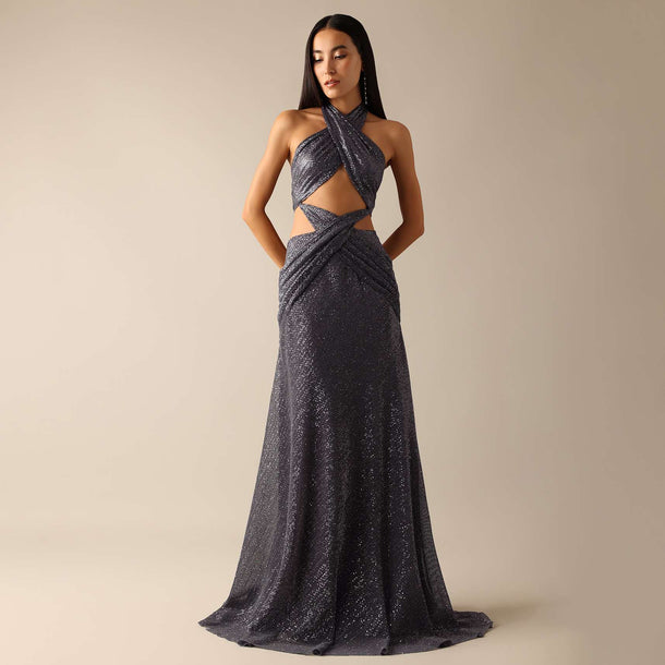 Grey Halter Neck Gown with Draped Detail