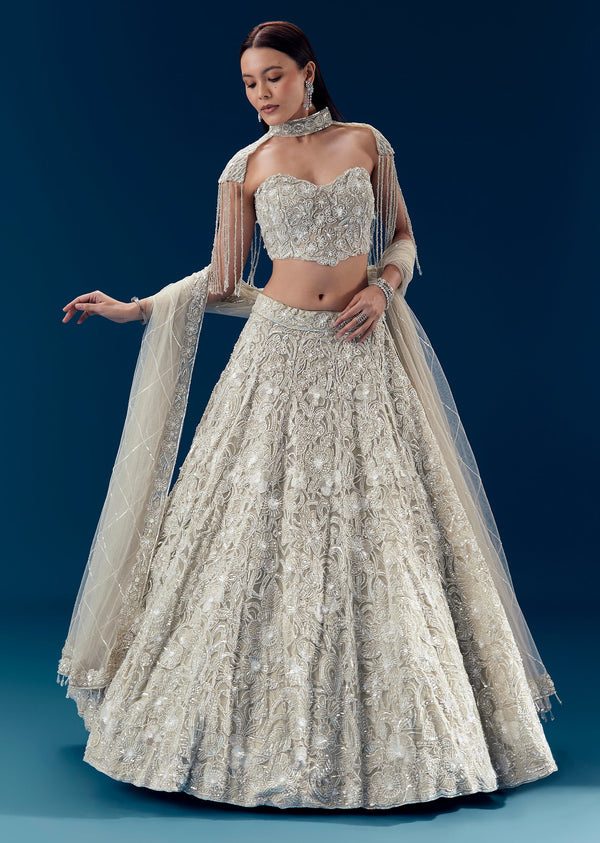 Grey Heavy Embroidered Bridal Lehenga Set