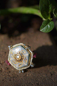 Grey Hexagon Ring With Carved Floral Pattern, Kundan, Pearls And Colorful Beads