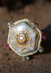 Grey Hexagon Ring With Carved Floral Pattern, Kundan, Pearls And Colorful Beads