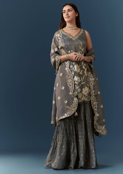 Grey Jacquard Weave Stone Work Kurta Sharara Set